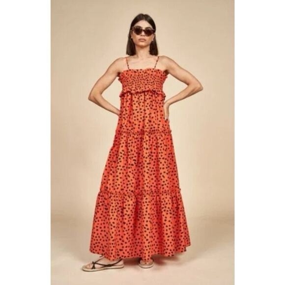 Hunter Bell Dessert Poppy Polka Dot Maxi Tiered Dress Sleveless Resort M - Picture 1 of 7